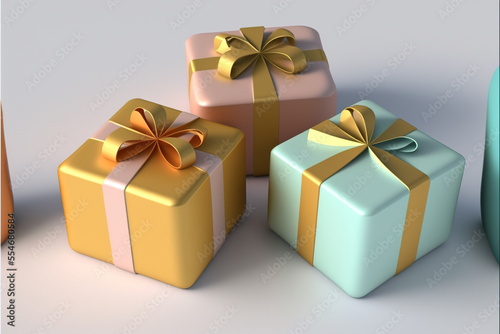Obraz premium Golden and Pastel Gift Boxes on White Background by Generative AI Illustrations
