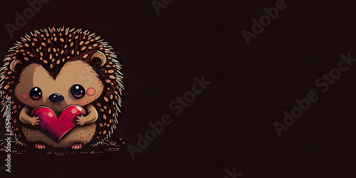 Cute hedgehog holding a pink-red heart, brown hedgehog with heart, space for text, love, passion, romance, Valentine´s day, happy valentine, illustration, digital