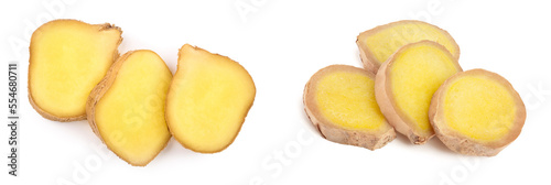 slices of fresh Ginger root isolated on white background. Top view. Flat lay