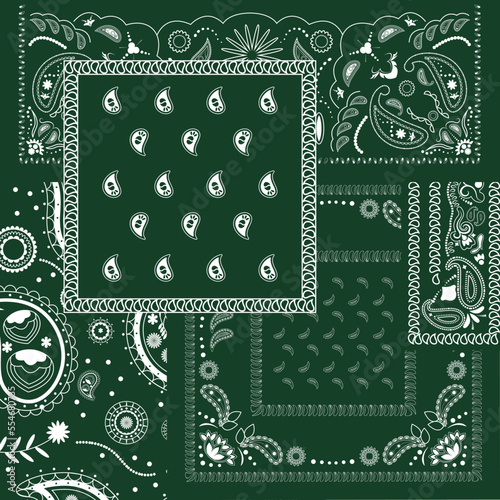 Green bandana kerchief paisley fabric patchwork abstract vector seamless pattern