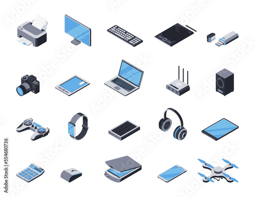 3d laptop, printer, tablet, router, monitor, camera, smartphone, power bank, drone and other portable electronics. Vector set of isometric icons of computer devices, gadgets. Digital technology items photo