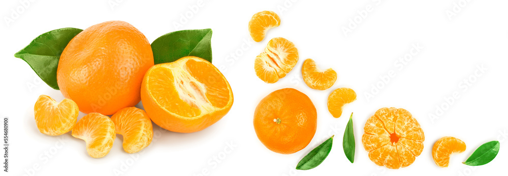 tangerine or mandarin with leaves isolated on white background with copy space for your text. Top view. Flat lay tangerine or mandarin with leaves isolated on white background with copy space for your text. Top view. Flat lay