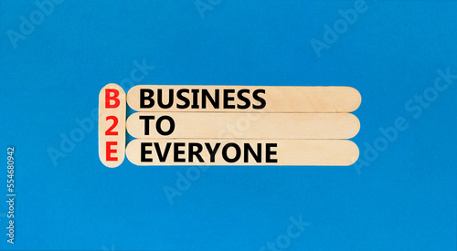 B2E business to everyone symbol. Concept words B2E business to everyone on wooden sticks on a beautiful blue table blue background. Business and B2E business to everyone concept. Copy space.