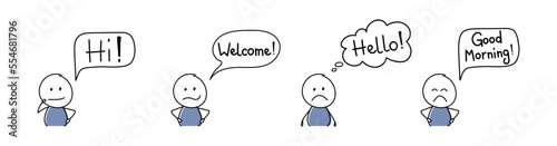 Unhappy cartoon people with greeting - welcome, hello, hi, good morning. Vector