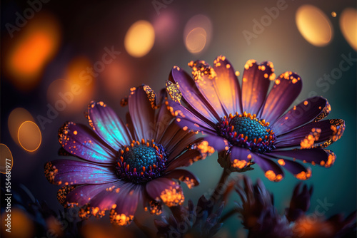 African Daisy flowers with Light leaks and blurred nature background. Purple flowers