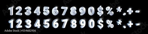 3D Silver shiny metal numbers set, white gold font symbols isolated on black background. Luxury platinum fashion typography design for decoration, web, design, advert. Vector illustration