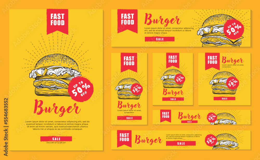 Template set banners burgers in different formats for social media and websites