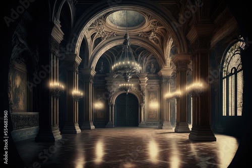 Fotografiet Ballroom of a deserted castle, or a palace hall in the middle of the night