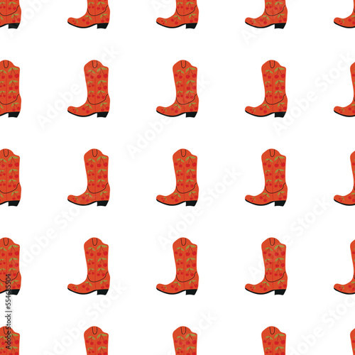 Cowboy boots with ornament seamless pattern. Wild west theme. Hand drawn colored trendy vector illustration on white background