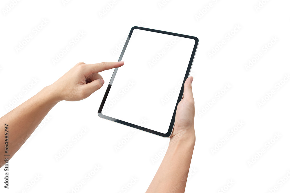 Hand holding tablet with blank screen isolated on white background Hand holding tablet with blank screen isolated on white background
