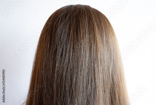 Back of the head of Asian woman with her thick hair.