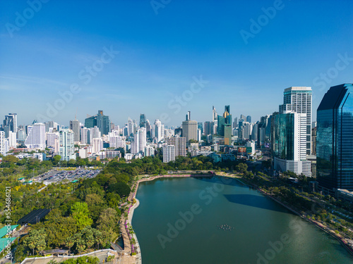 Aerial view city green forest public park with modern office building Benjakitti Park