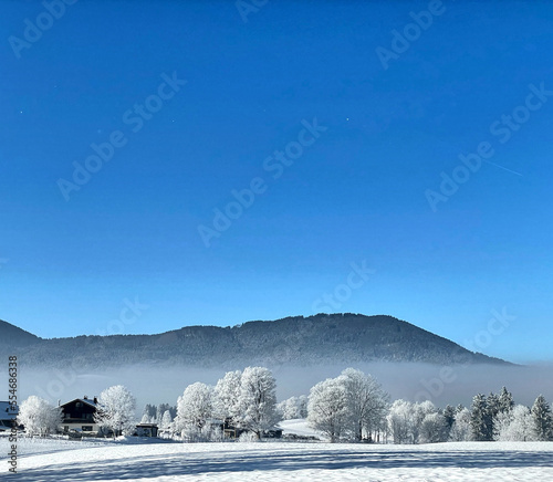 Eisig kalter Wintertag mit reifbedeckten Bäumen und strahlend blauem Himmel im Leitzachtal bei Fischbachau, Bayern, Deutschland photo