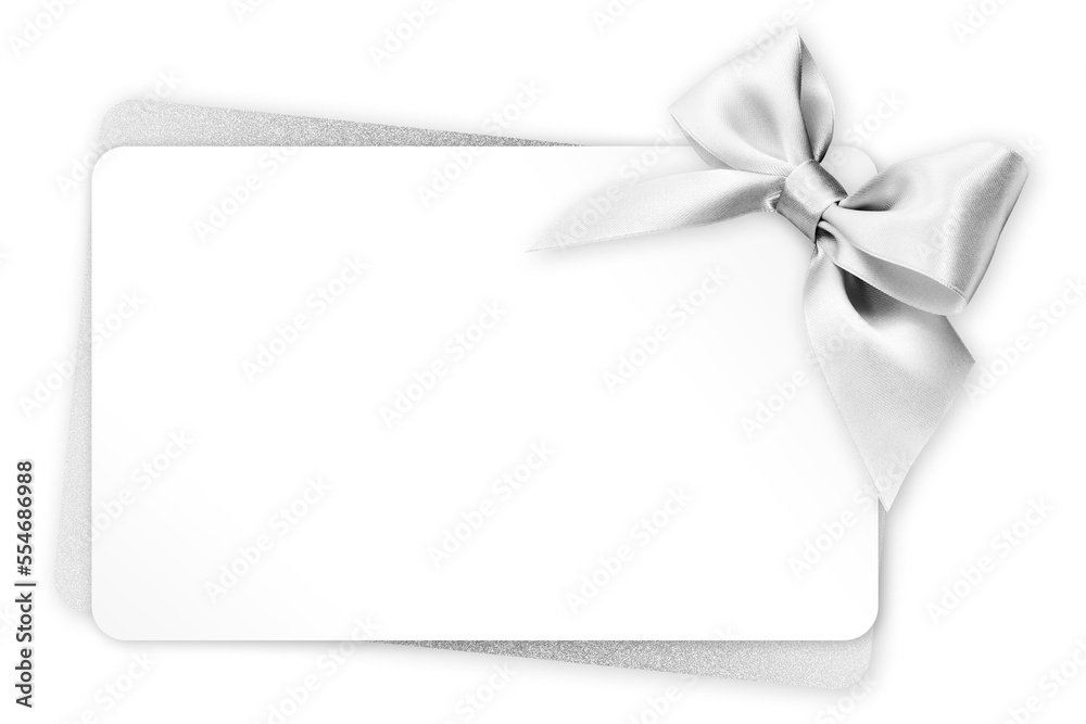 gift greeting card with silver bright ribbon bow Isolated on transparent background, top view, copy space for label price ticket, Christmas, mother or father and valentine day, or shopping template - obrazy, fototapety, plakaty 