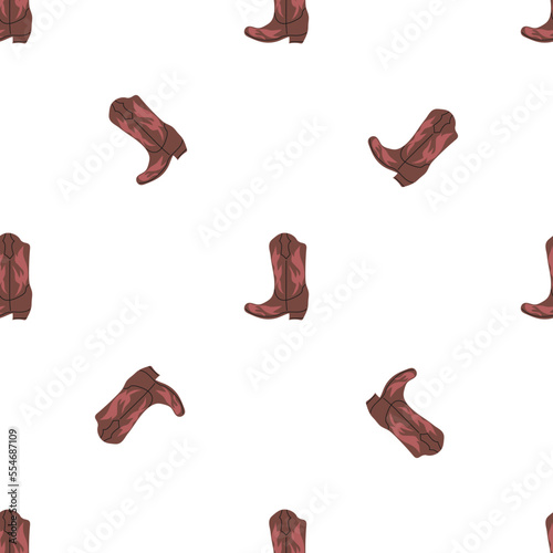 Cowboy boots with ornament seamless pattern. Wild west theme. Hand drawn colored trendy vector illustration on white background