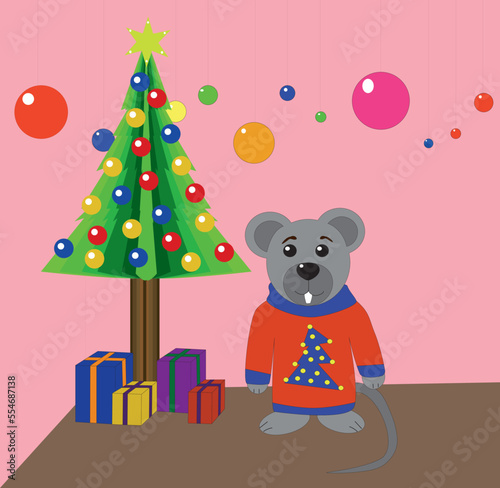 A mouse near the Christmas tree and presents