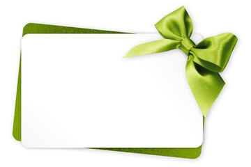 gift greeting card with green bright ribbon bow Isolated on transparent background, top view, copy space for label price ticket, Christmas and Easter shopping or St. Patrick day present template