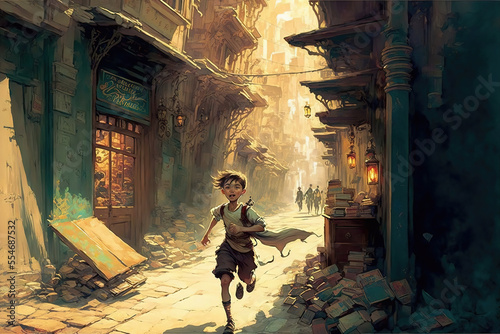 Generative AI :  a young cheerful boy running through the small streets of a slum somewhere in South America photo