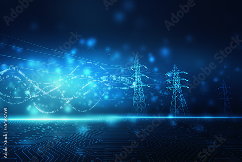High power electricity poles on technology abstract background. Energy supply, distribution of energy, transmitting energy, energy transmission, high voltage supply concept photo