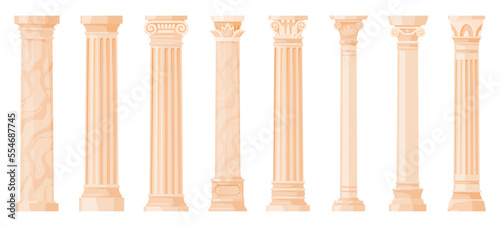 Ancient Roman or Greek pillars. Ancient architecture clones for pantheon, temple. Beautiful decorated pillars. Vector illustration