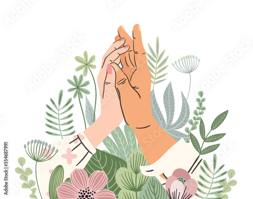 Isolated illustration with male and female hands. Love, love story, relationship. Vector design concept for Valentines Day and other.