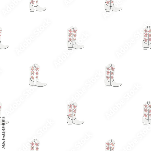 Cowboy boots with ornament seamless pattern. Wild west theme. Hand drawn colored trendy vector illustration on white background