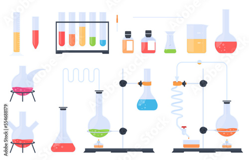 Glass flasks, glass test tubes, for conducting experiments with various chemical ingredients. Scientific research. Vector illustration