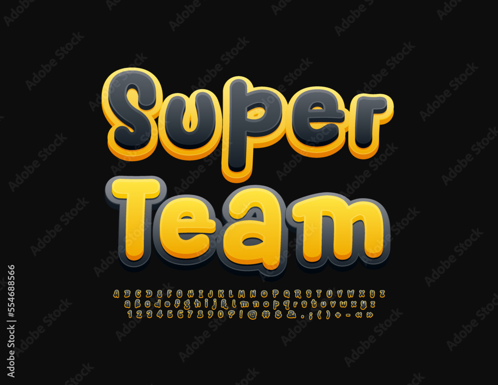 Vector modern emblem Super Team. Black and Yellow bright Font. Trendy Alphabet Letters and Numbers set