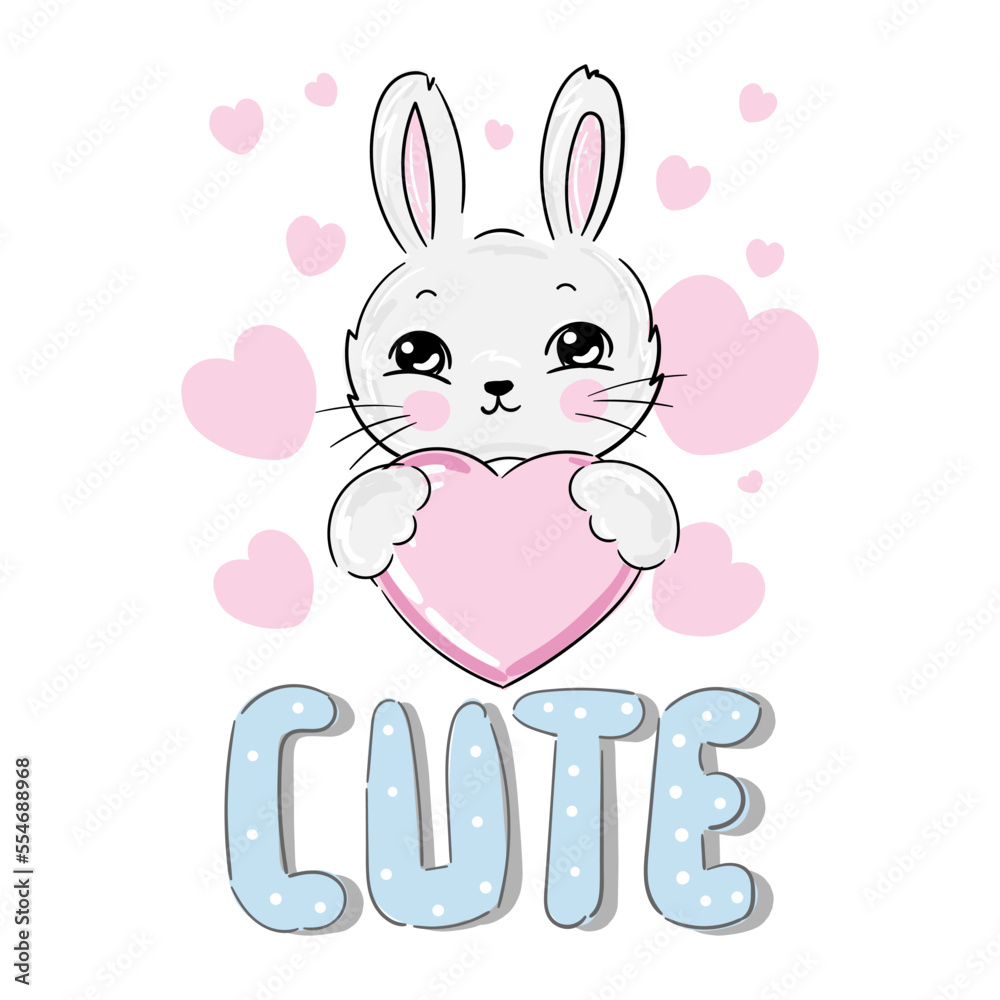 cute bunny, print design rabbit with slogan Cute and pink hearts, children print on t-shirt for kids vector illustration cute bunny, print design rabbit with slogan Cute and pink hearts, children print on t-shirt for kids vector illustration