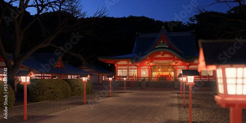 灯籠に明かりが灯る夜の神社の参道 / 初詣・二年参りのロケーションイメージ / 3Dレンダリング photo