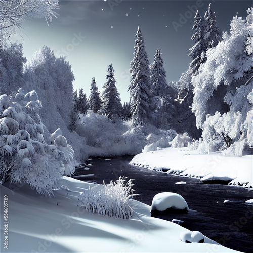snowy landscape in blue and...