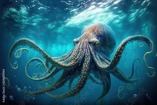 An octopus, the kraken of the deep, is a fantastical sea creature. Generative AI photo