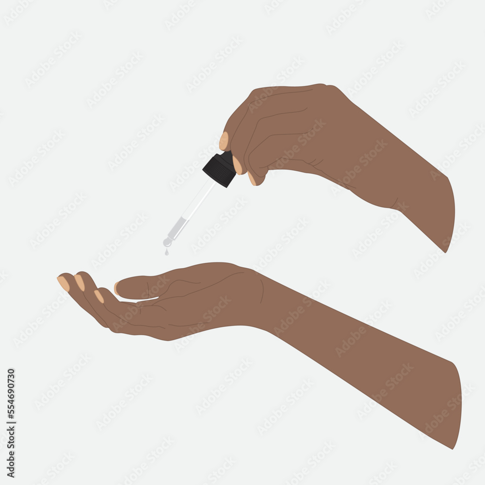 Illustration of woman's hands with serum pipette. A drop of liquid is dripping from a pipette. Illustration of woman's hands with serum pipette. A drop of liquid is dripping from a pipette.