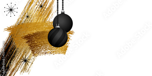 2023 - Carte de vœux sans texte au graphisme abstrait, élégant et artistique, noir et cuivre sur un fond blanc, décorée d’étoile et de boules de Noël noires.