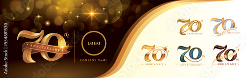 Set of 70th Anniversary logotype design, Seventy years anniversary celebration Logo, Golden Luxury and Retro Serif Number 70 Letters