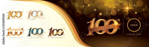 Set of 100th Anniversary logotype design, Hundred years anniversary celebration Logo, Golden Luxury and Retro Serif Number 100 Letters