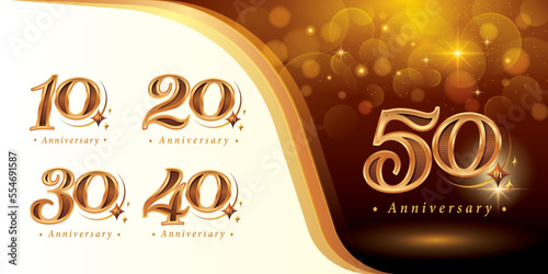 Set of 10 to 50 years Anniversary logotype design, Ten to Fifty years Celebrating Anniversary Logo, Luxury Golden Elegant Classic Logo with Star