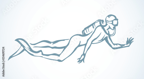 Scuba diver underwater. Vector drawing