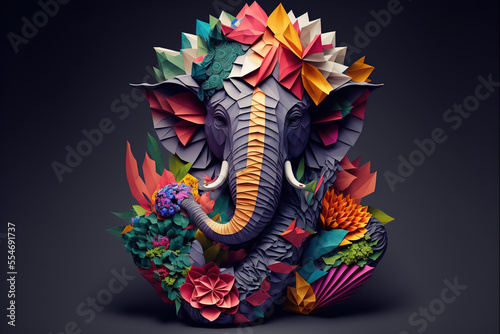 Origami of Indian God Ganesh in colorful flowers craft. Generative AI