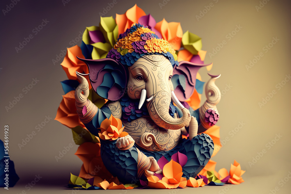 Origami of Indian God Ganesh in colorful flowers craft. Generative AI - obrazy, fototapety, plakaty 