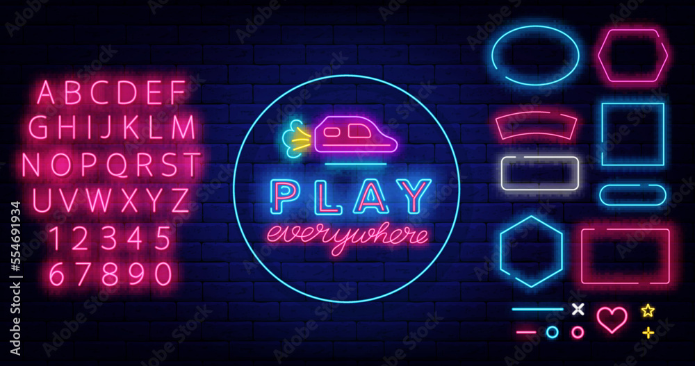 Play everywhere neon sign. Flying car on circle frame. Different shapes borders set. Vector stock illustration Play everywhere neon sign. Flying car on circle frame. Different shapes borders set. Vector stock illustration