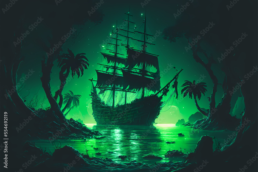 undead pirate ship in the sea ocean, black white green background, at night, storm water waves, digital illustration ai art style