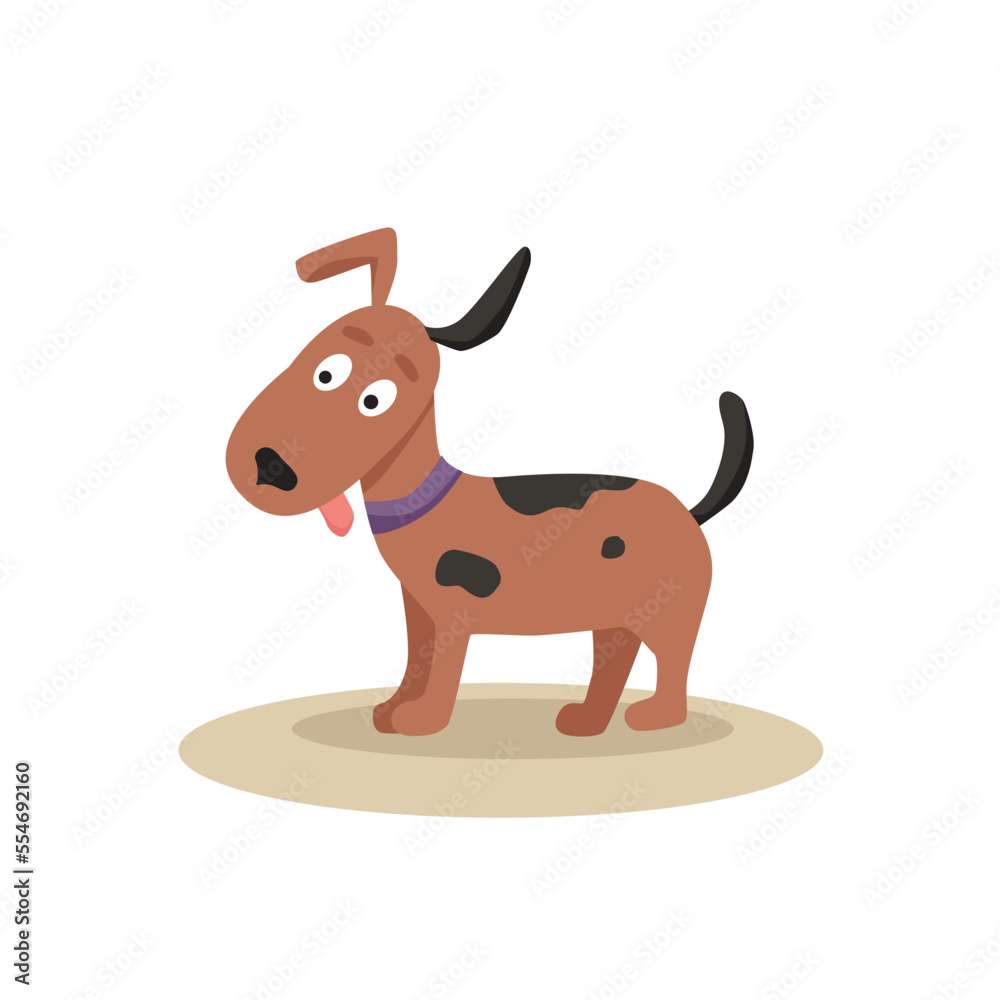 Vector cartoon illustration. Cute happy dog shows tongue.