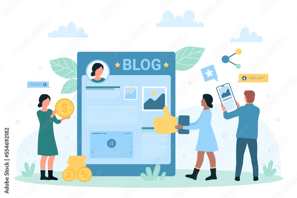 Blog monetization and influence for community vector illustration. Cartoon tiny followers holding phone and thumbs up for support of viral video content in social media, blogger with money coins