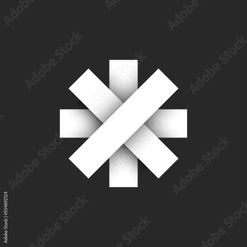 Snowflake shape logo or road overpass intersection icon, made of intersecting white stripes with 3d overlay layers and shadows.