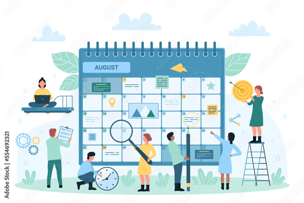 Business project planning vector illustration. Cartoon tiny people looking at calendar through magnifying glass, holding pencil to mark in planner important date or event, appointments or daily tasks