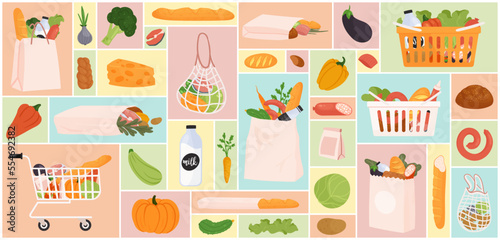 Cartoon healthy fruit and vegetables, basket from retail shop and supermarket trolley full of purchases, paper bags, food products in geometric collage background. Grocery set vector illustration.