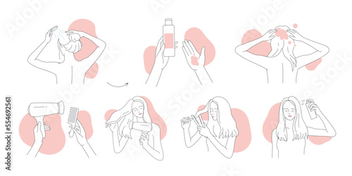 Hair care routine at home, of line icons vector illustration. Hand drawn outline girls wash hair with shampoo and conditioner, wipe with towel and dry with hairdryer and comb, apply spray treatment