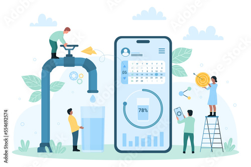 Drink water mobile app vector illustration. Cartoon tiny people holding faucet valve to fill glass with clean water, control daily hydration with calendar planner and data chart on phone screen