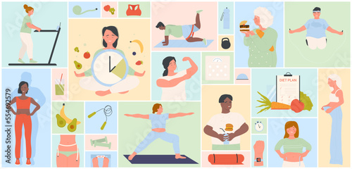 Cartoon skinny man and woman showing transformation before and after losing weight, diet and sports exercises in gym in geometric collage background. Fat people lose weight set vector illustration.